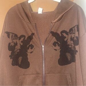 Brown Angel Zip Up Hoodie with Pockets Black Design